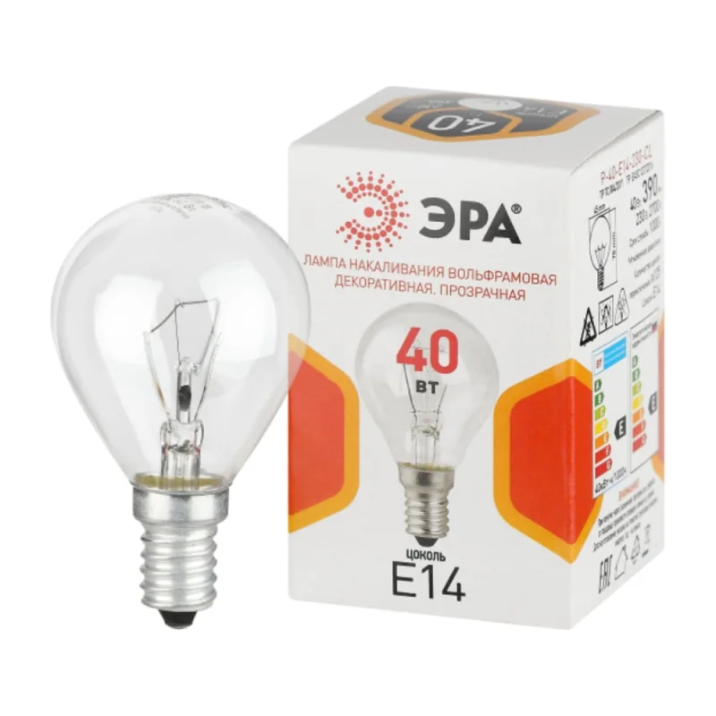 Лампочка ЭРА P45 40Вт Е14 / E14 230В шар прозрачный (КНР) Б0066547