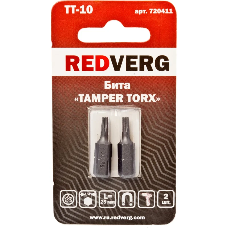 Бита Torx Tamper ТТ10, 25 мм, 2 шт. REDVERG 6623495