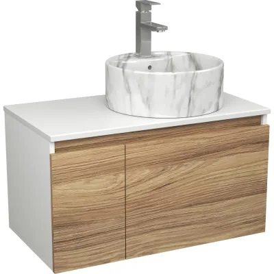 Комплект Bauedge тумба Bau Dream Blackwood 80, раковина круглая накладная BAU Element D41, мрамор, смеситель Hotel Stil, нерж. сталь BD2970