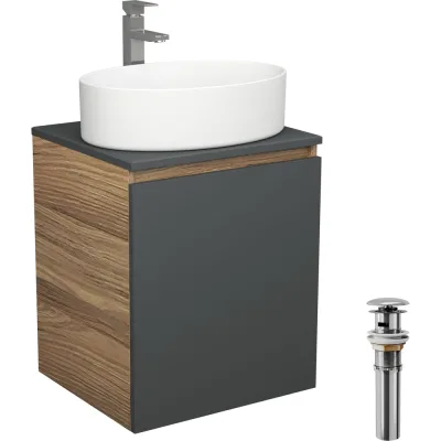 Тумба Bauedge Bau Dream Blackwood 50 графит, раковина BAU Nimb 50х36, смеситель для раковины высокий Hotel Still, нержавеющая сталь, выпуск клик-клак, хром SD4043