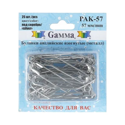 Английские булавки Gamma PAK-57 изогнутые, под серебро, сталь, в блистере, 25 шт, 57 мм 431319