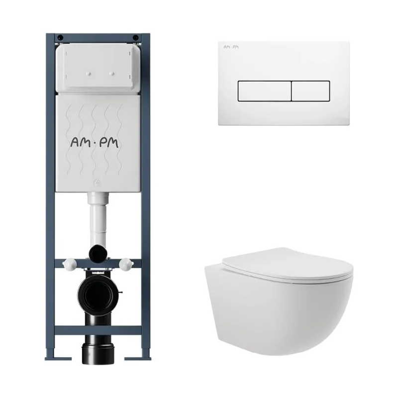 Комплект AM.PM I012711.0301 ErgoFit инсталляция для унитаза с клавишей ErgoFit M пластик, белый глянцевый + унитаз Long 525х360 безободковый, Vortex (Торнадо), сиденье Soft-Close, белый матовый, овал I012711.0301OV2120