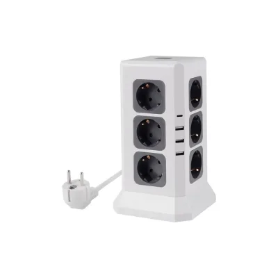 Удлинитель ROCKETSOCKET Tower Extended 12 Euro 16A, 4 USB 3A+C с блоком 5В/3.4А, кабель 2,0 м  цвет белый GNS5004