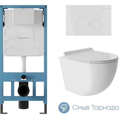 Система инсталляции для подвесного унитаза, Aqueduto AQD комплект: TECNICA CIRCULO Панель смыва, белый глянцевый, OVO Унитаз подвесной 480х360 безободковый, Tornado, сиденье с микролифтом, белый глянцевый AQDS001T
