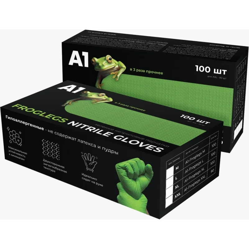 Нитриловые перчатки, A1 FROGLEGS NITRIL GLOVES зеленые, размер M, упаковка 100шт A1-Froglegs M