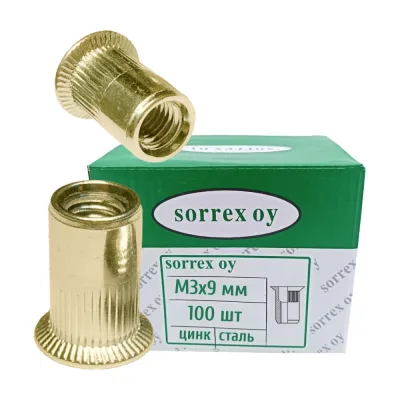 Заклепка гайка резьбовая SORREX винтовая потайной бортик с рифлением М3x9 под зенковку, 100 штук CZW M3 100