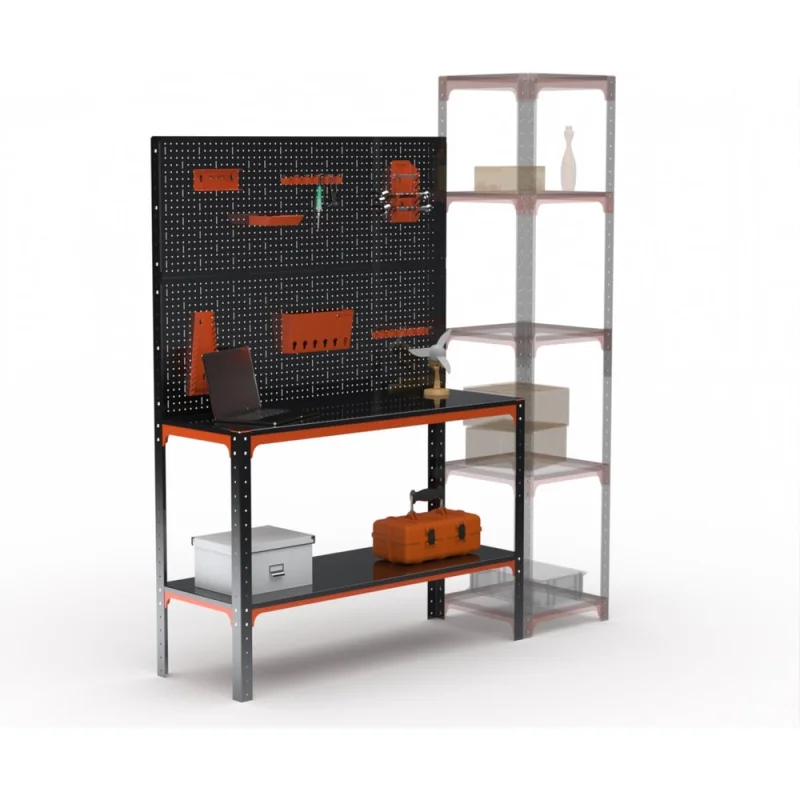 Стол-верстак ООО Металекс серия KIT 950х1800х400, одна полка, двойная перфопанель с комплектом аксессуаров, оранжево-черный 204663