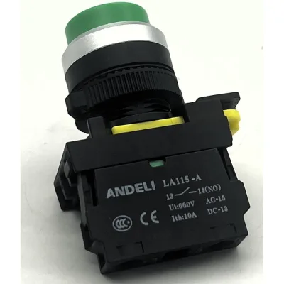 Кнопка ANDELI LA115-A5-10GN/3 возвратная удлиненная зеленый 1НО IP65 артикул ADL10-266