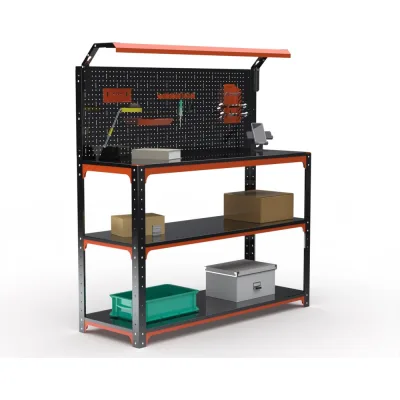Стол-верстак ООО Металекс KIT 950х1600х400 (2-е полки, + перфопанель с комплектом освещения) (оранжево-чёрный) / 204856