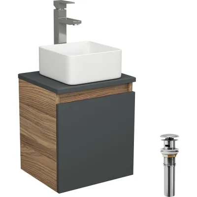Тумба Bauedge Bau Dream Blackwood 35 с ящиком, графит, раковина BAU Mini 24х24, смеситель для раковины высокий, выпуск клик-клак, хром SD4007