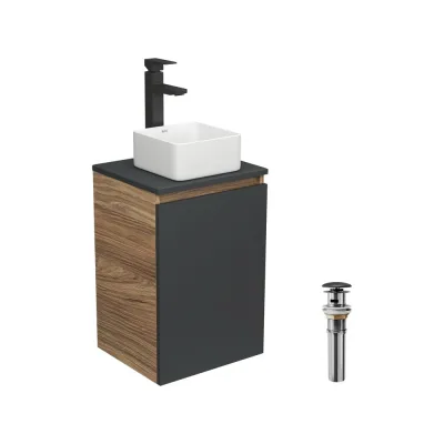 Комплект для ванной Bauedge 4 предмета (тумба Bau 40, графит + раковина BAU Hotel mini 24x24 + смеситель Hotel Black, выпуск клик-клак, черный) BD1915