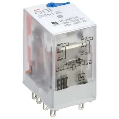 Реле интерфейсное ONI ORM-1 2C 24В DC с LED и тест. кнопкой (20шт/упак) ORM-1-2C-DC24V-L-B