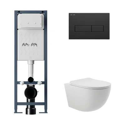 Комплект AM.PM I012711.0338 ErgoFit инсталляция для унитаза с клавишей ErgoFit M пластик, черный матовый + унитаз Long 525х360 безободковый, Vortex (Торнадо), сиденье Soft-Close, белый матовый, овал I012711.0338OV2120