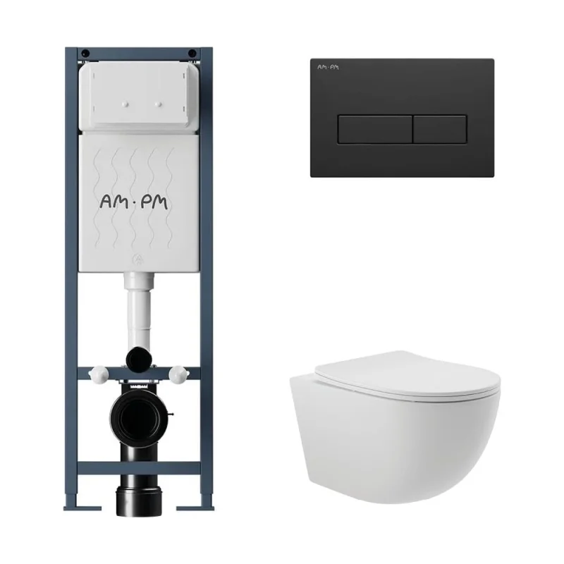 Комплект AM.PM I012711.0338 ErgoFit инсталляция для унитаза с клавишей ErgoFit M пластик, черный матовый + унитаз Long 525х360 безободковый, Vortex (Торнадо), сиденье Soft-Close, белый матовый, овал I012711.0338OV2120