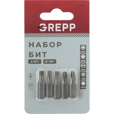 Набор бит GREPP PH2, PZ2, SL5, T25, H4x25 мм (5шт) 11705