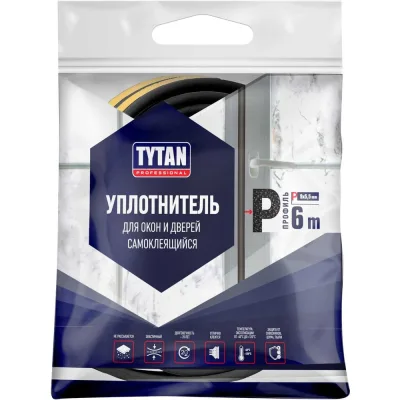 Уплотнитель для окон и дверей Tytan Professional p 6 м, 9x5.5 мм, черный 260669 19880