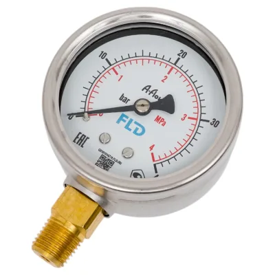 Манометр от 0 до 40 бар из нержавеющей стали, D63 мм, NPT 1/4", штуцер снизу A-Flow G22-S-4N-63A-40bar