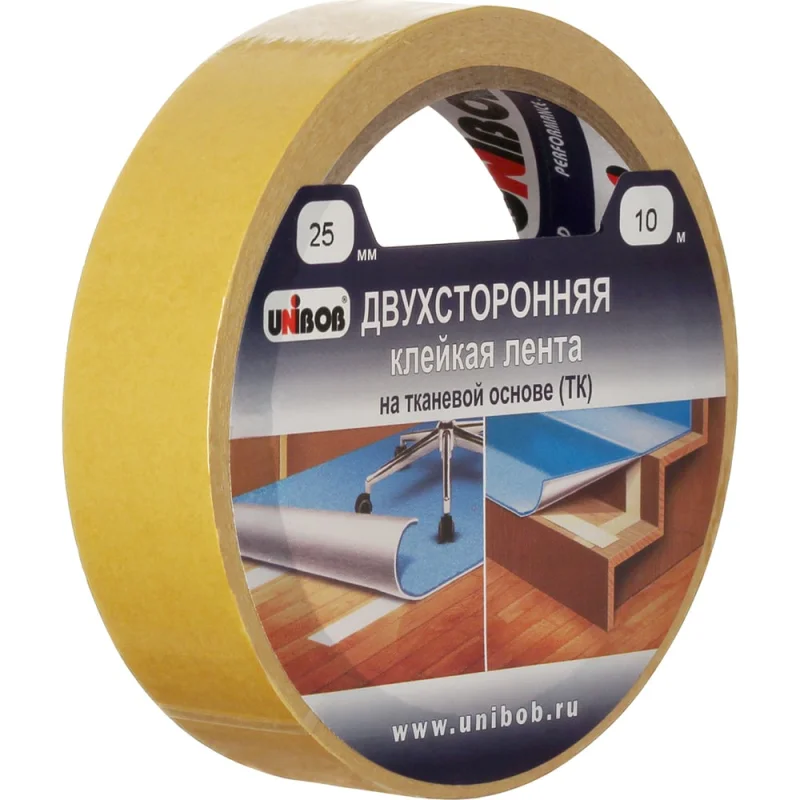 Двухсторонняя клейкая лента UNIBOB тканевая 25 мм х 10 м 214988