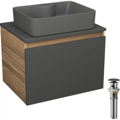 Комплект Bauedge тумба Bau Dream Blackwood графит 60, 1 ящик, раковина BAU Cerama 48x37, темно-серая, выпуск клик клак черный BD2869