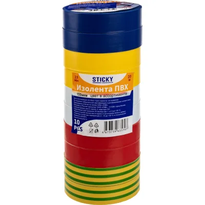 Изолента ПВХ STICKY 19 мм, 20 м, цвет в ассортименте (синий, желтый, белый, красный, зеленый) 1036