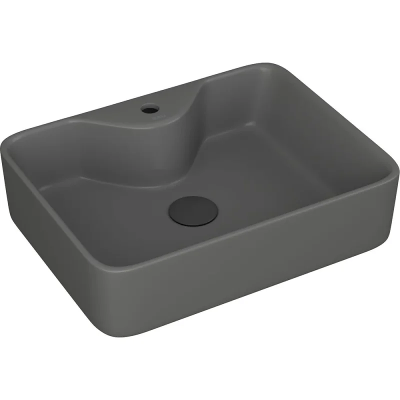 Раковина прямоугольная накладная Bauedge BAU Cerama 48x37, с отверстием под смеситель, темно-серая матовая + выпуск клик-клак, черный YBD2542