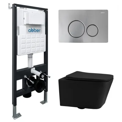 Комплект подвесной унитаз ABBER Rechteck AC1201MB черный матовый с инсталляцией AC0105 и кнопкой AC0121MCH матовый хром