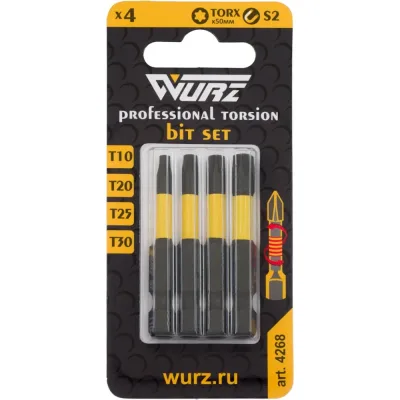 Набор торсионных магнитных бит WURZ 50мм, TORX (T10,T20,T25,T30), 4шт/бл 4268