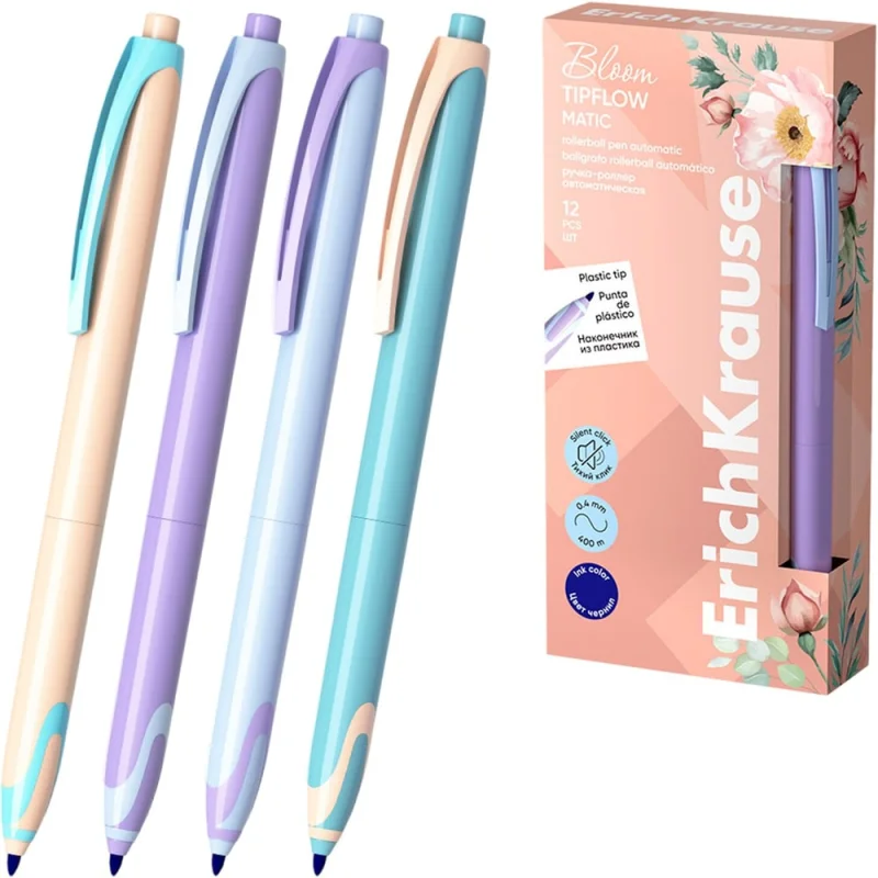 Ручка-роллер автоматическая ОФИСМАГ ERICH KRAUSE TipFlow Pastel Bloom, синяя, 12 шт., корпус ассорти, 0.4мм, 63705 144581