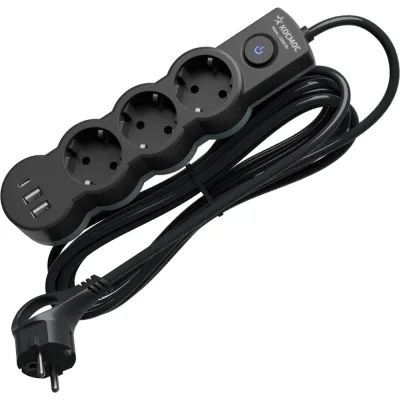 Удлинитель КОСМОС 1.5м, ПВС 3х1, 3 гнезда, заземление, выключатель, USB, 10А, 2800Вт, черный YKsm1.5m3g-Z-VU10A-B
