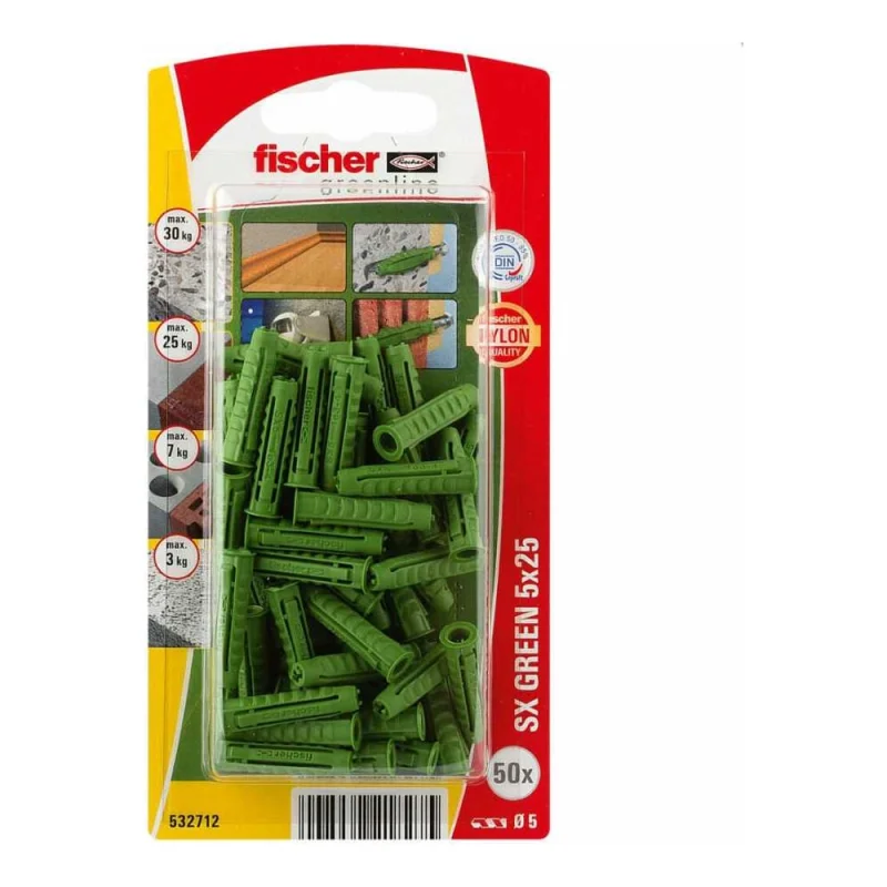 Дюбель распорный Fischer для полнотелых материалов, 5x25мм, SX, Green, 50шт 532712