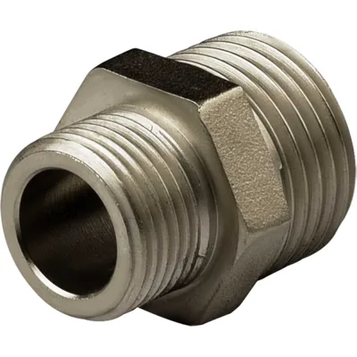 Ниппель переходной ДМЗ DN10x15 (3/8"НР х 1/2"НР) латунь никель (упаковка 10 шт) ДМЗ.006.10х15Н10