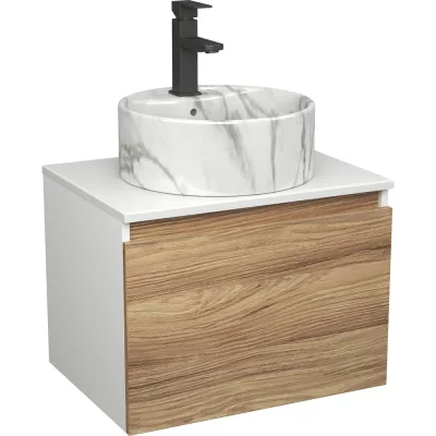 Комплект Bauedge тумба Bau Dream Blackwood 60, 1 ящик, раковина круглая накладная BAU Element D41, мрамор, смеситель Hotel Black, черный матовый BD2957