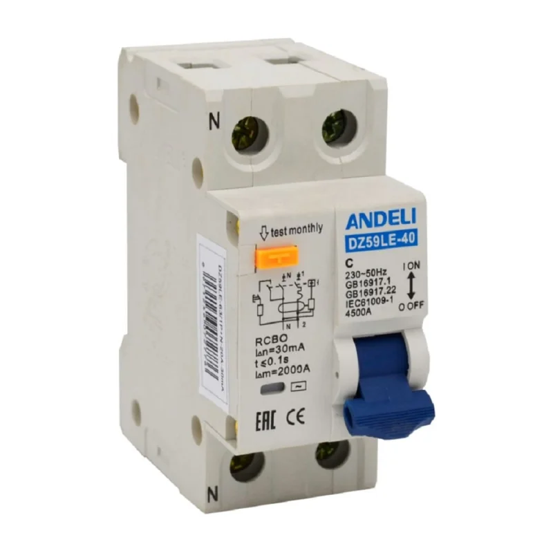 Дифференциальный автоматический выключатель ANDELI DZ59LE-40 1P+N 25A 30mA характеристика С 4.5kA артикул ADL02-054