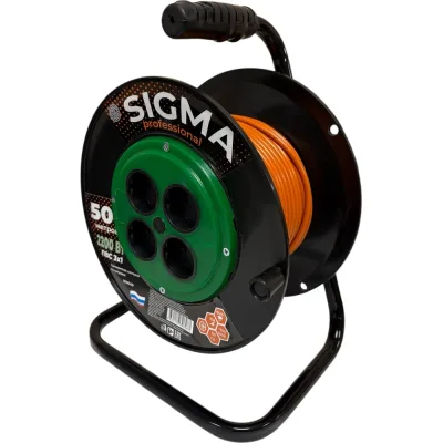 Удлинитель на пластиковой катушке SIGMA c заземлением (ПВС 3*1,0) 230 В /10А /2200 Вт 50 метров 100049