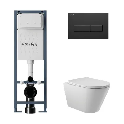 Комплект AM.PM I012711.0338 ErgoFit инсталляция для унитаза с клавишей ErgoFit M пластик, черный матовый + унитаз Long 525х360 безободковый, Vortex (Торнадо), Soft-Close, белый глянцевый, конус I012711.0338CV2110