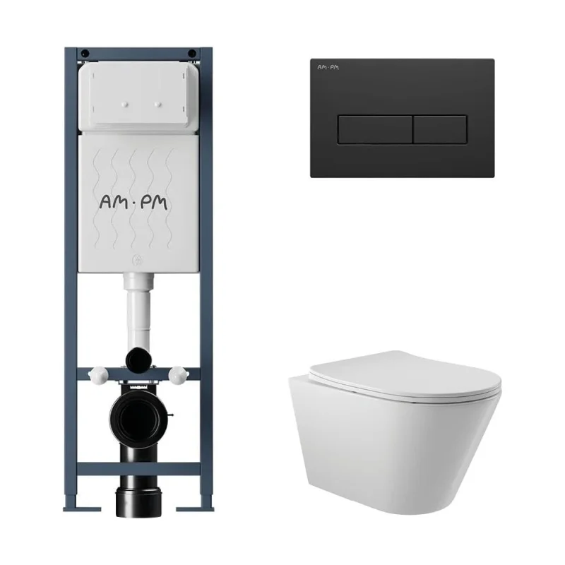Комплект AM.PM I012711.0338 ErgoFit инсталляция для унитаза с клавишей ErgoFit M пластик, черный матовый + унитаз Long 525х360 безободковый, Vortex (Торнадо), Soft-Close, белый глянцевый, конус I012711.0338CV2110