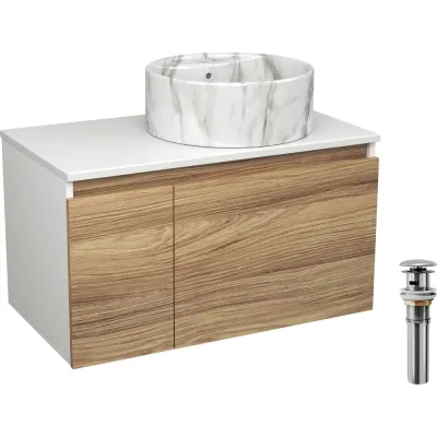Комплект Bauedge тумба Bau Dream Blackwood 80, раковина круглая накладная BAU Element D41, мрамор, выпуск клик клак хром BD2976