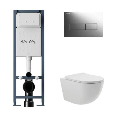 Комплект AM.PM I012711.0351 ErgoFit инсталляция для унитаза с клавишей ErgoFit M пластик, хром глянц + унитаз Long 525х360 безободковый, Vortex (Торнадо), сиденье Soft-Close, белый глянцевый, овал I012711.0351OV2110