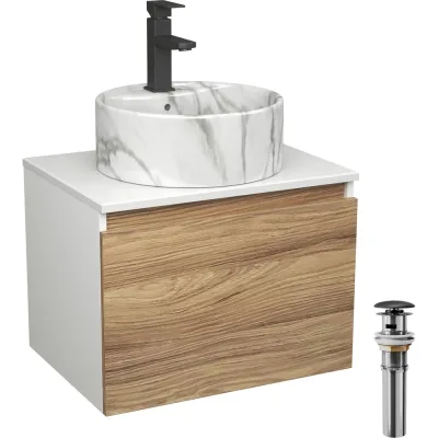 Комплект Bauedge тумба Bau Dream Blackwood 60, 1 ящик, раковина круглая накладная BAU Element D41, мрамор, смеситель Hotel Black, черный матовый, выпуск клик BD2965