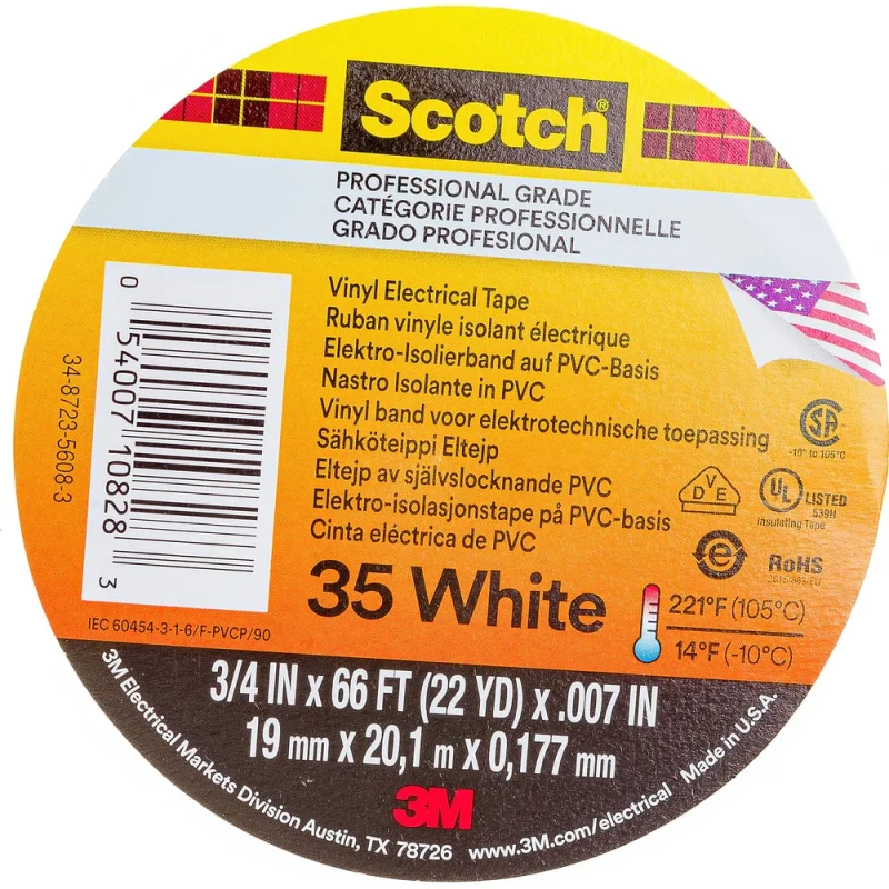 Лента изоляционная высшего класса 3М Scotch 35, белая, 19 мм х 20 м х 0,18 мм 7000031667/SCOTCH 35 WHITE