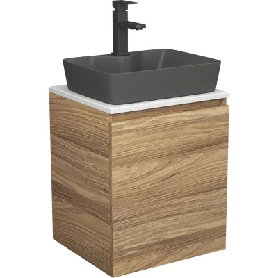 Тумба Bauedge Bau Dream Blackwood 50 с дверцей, раковина BAU Cerama 48х37 темно-серая матовая, смеситель Hotel Black, черный SD3181