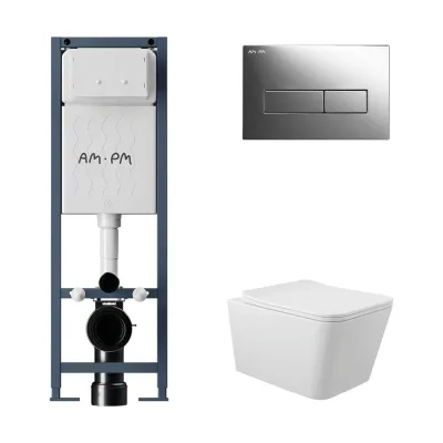 Комплект AM.PM I012711.0351 ErgoFit инсталляция для унитаза с клавишей ErgoFit M пластик, хром глянц + унитаз Long 520х370 безободковый, Vortex (Торнадо), сиденье Soft-Close, белый глянцевый, квадрат I012711.0351QV2110