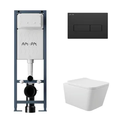 Комплект AM.PM I012711.0338 ErgoFit инсталляция для унитаза с клавишей ErgoFit M пластик, черный матовый + унитаз Long 520х370 безободковый, Vortex (Торнадо), Soft-Close, белый глянцевый, квадрат I012711.0338QV2110