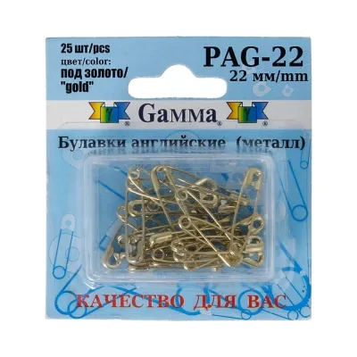 Английские булавки Gamma PAG-22 под золото, сталь, в блистере, 25 шт, 22 мм, 384798
