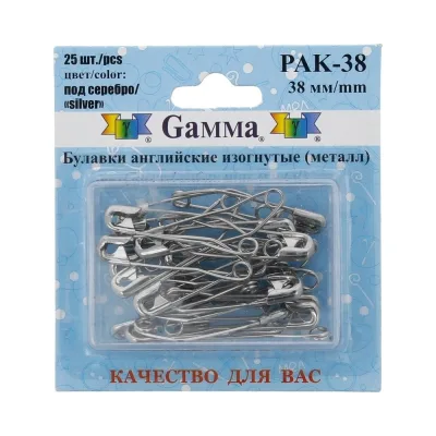 Английские булавки Gamma PAK-38 изогнутые, под серебро, сталь, в блистере, 25 шт, 38 мм, 431320