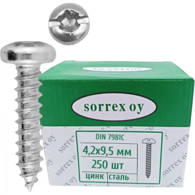 Саморез по металлу SORREX по металлу с полукруглой головкой 4,2x9,5 DIN 7981С TORX SL оцинкованный с острым наконечником 250 штук 7981С-1-042-0095-К-250