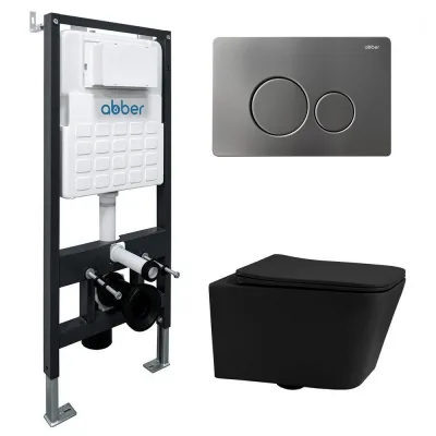 Комплект подвесной унитаз ABBER Rechteck AC1201MB черный матовый с инсталляцией AC0105 и кнопкой AC0121NG оружейная сталь