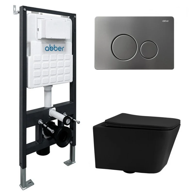 Комплект подвесной унитаз ABBER Rechteck AC1201MB черный матовый с инсталляцией AC0105 и кнопкой AC0121NG оружейная сталь
