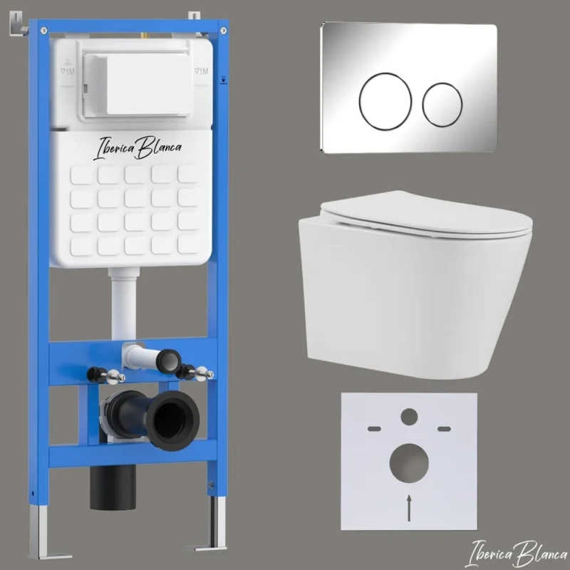 Комплект 3 в 1 Iberica Blanca инсталляция, унитаз торнадо безободковый белый BURGOS ALTO (IB.BRA.234.1B1), клавиша смыва хром глянцевый из нержавеющей стали INOX-O (IB.B081.003.001), IB001.BRA.234.8131