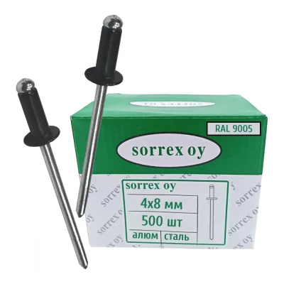 Заклепка вытяжная SORREX цветная 4x8 сталь/сталь RAL 9005 Глубокий черный OY 500 штук SSD 40800 RAL 9005 500